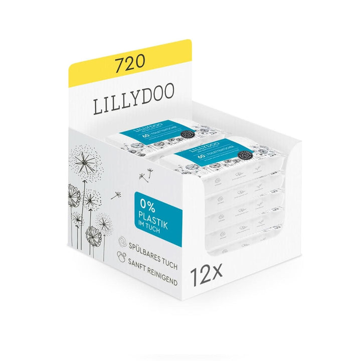 Șervețele umede de toaletă LILLYDOO, 720 de bucăți (12 X 60), 100% fără plastic, șervețele care pot fi spălate, fără parfum (FSC Mix) Servetele Umede Bebelusi Naty Shop