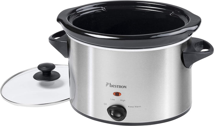 Bestron slow cooker cu tigaie ceramică și capac din sticlă, termostat cu 3 niveluri, ideal pentru multe feluri de mâncare, cum ar fi carne, supe și legume, 3,5 litri, culoare: argintiu Slow Cooker Naty Shop