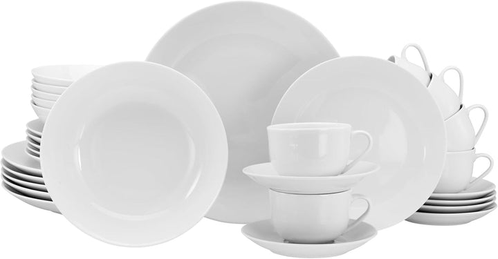 Creatable, 20341, Serie Luna Weiss, 18-Teiliges Geschirrset Für 6 Personen, Teller Set Aus Porzellan, Spülmaschinen- Und Mikrowellengeeignet, Qualitätsproduktion Seturi vesela masa Naty Shop Kombiservice 30 Tlg