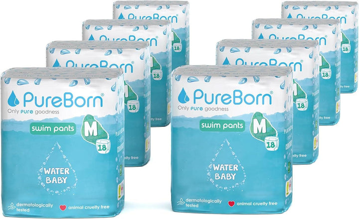 Scutece de inot Pureborn, pantaloni de baie pentru bebelusi pentru plaja si piscina, ultra moi, elastice Mama si Copilul Naty Shop 8 X18 buc Marimea M (6-11Kg)