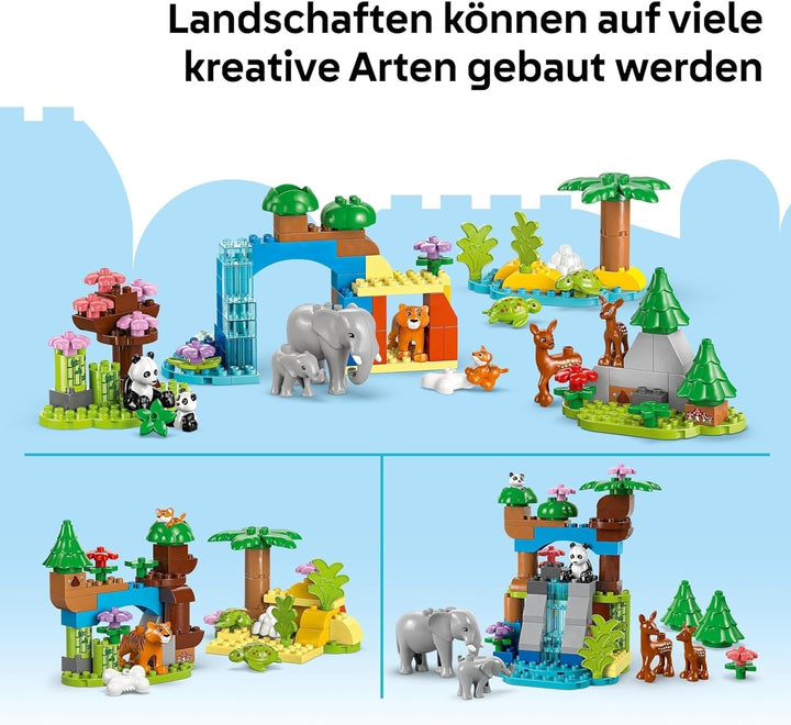Set LEGO DUPLO Town Wild Animal Families 3-in-1, jucărie educativă pentru copii mici cu țestoase, tigri, elefanți, căprioare, panda, set pentru preșcolari de la 2 ani, jucărie de construit cu figuri de animale 10446 Seturi de constructie Besuche den LEGO-Store