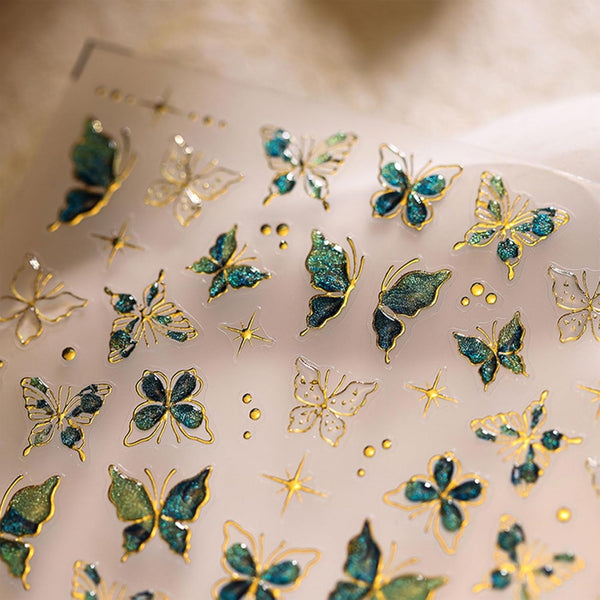 JMEOWIO 3D Nagelsticker Grün Gold Schmetterling Nail Art Sticker Selbstklebend Nagelaufkleber 5D Stereoskopisch Dekoration Nageldesign Zubehör 1 Blatt