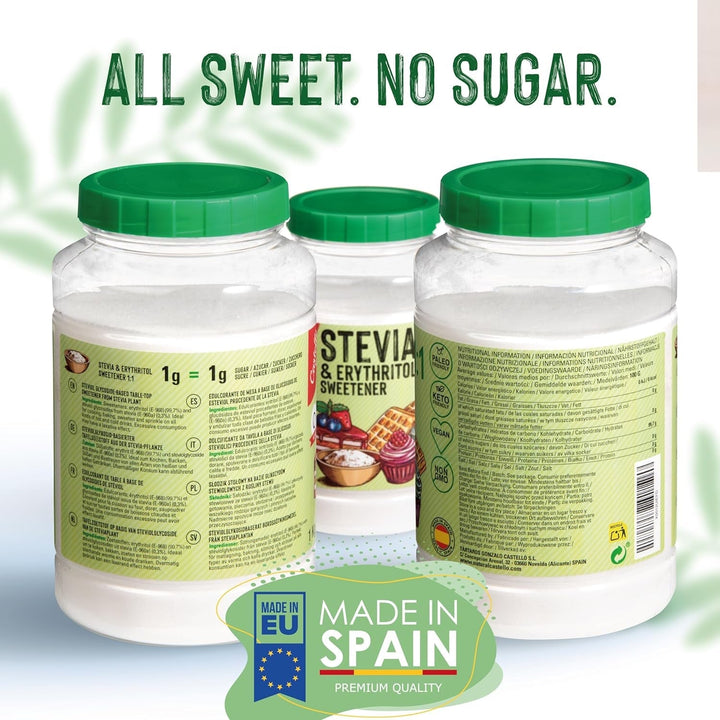 Stevia + Erythrit 1:1 Süßstoff | 1G = 1G Zucker | 100% Natürlicher Zuckerersatz - 0 Kalorien - 0 Glykämischer Index - Keto Und Paleo - 0 Netto-Kohlenhydrate - Kein GVO - Castello since 1907-1 Kg Indulcitori Naty Shop