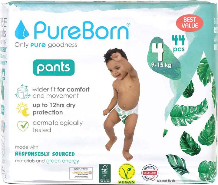 Scutece Pureborn Baby Premium Pantaloni, protectie optima zi si noapte, testate dermatologic, ultra moi, prietenoase cu pielea Mama si Copilul Naty Shop Marimea 4 (44 bucati)