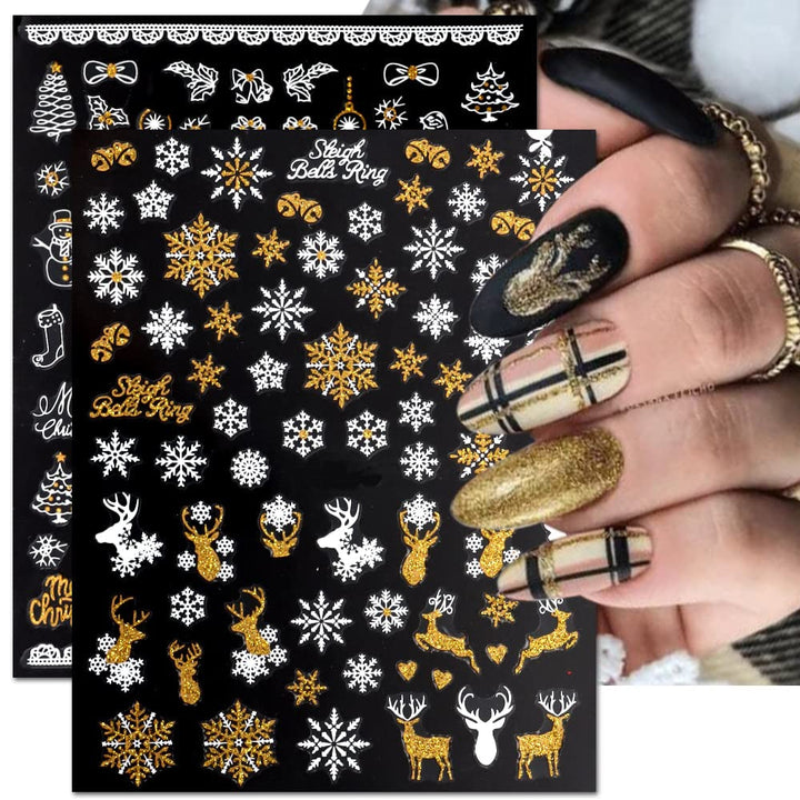 JMEOWIO Nagelsticker Weihnachten 9 Blatt Nail Art Sticker Selbstklebend Nagelaufkleber Schneeflocke Schneemann Festival Weißes Gold Dekoration Nageldesign Zubehör
