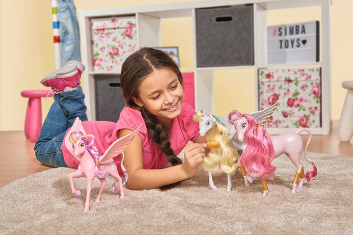 Simba 109480092 - Mia and Me Unicorn Kyara, cu aripi mobile, agrafe de păr și perie pentru coafat, 20 cm, de la 3 ani, roz Papusi Naty Shop