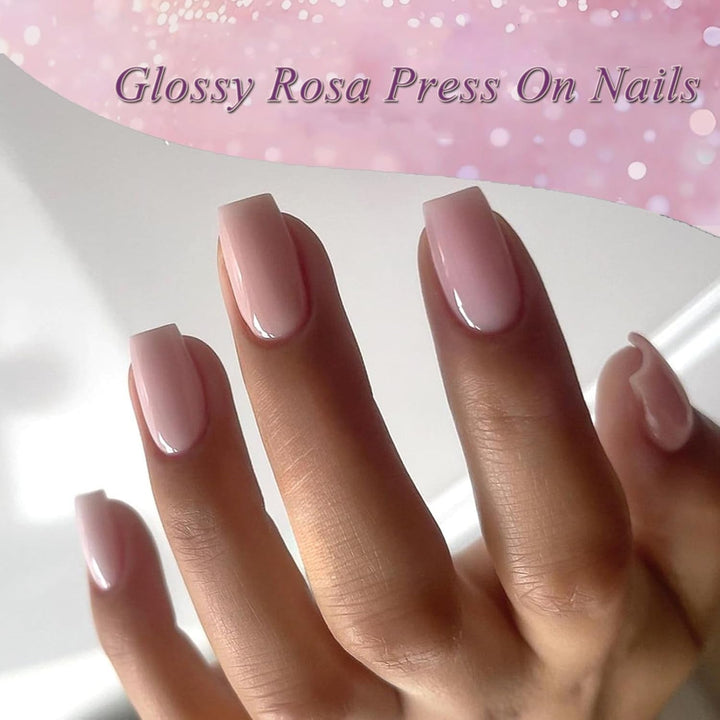 24 bucăți unghii false roz, culoare solidă, autoadezive, unghii artificiale neutre, pătrate medii, gel moale pentru femei, DIY, unghii false strălucitoare cu acoperire completă