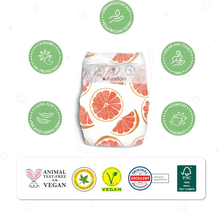 Scutece din bambus organic Pureborn Eco, marimea 2 (3-6 kg), 64 bucati, ecologice, hipoalergenice, ultra-moale, cu indicator de umiditate, diverse imprimeuri Mama si Copilul Naty Shop