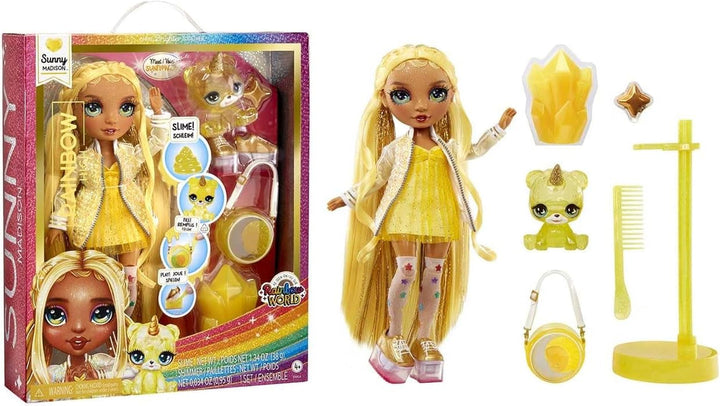 Păpușă Rainbow High Fashion cu slime și animal de companie - Amaya (Culori curcubeu) - păpușă strălucitoare de 28 cm cu slime sclipitor, animal magic și accesorii de modă - jucărie pentru copii - 4-12 ani Papusi Naty Shop Sunny (galben)