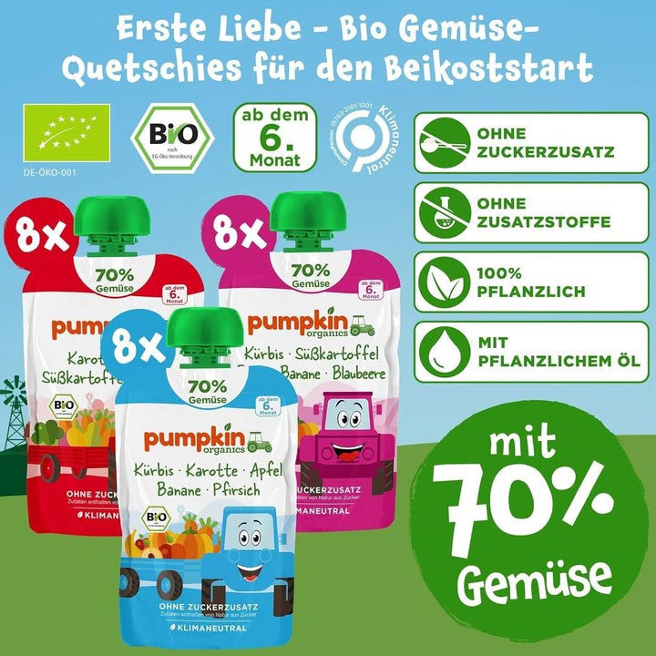 Pumpkin Organics 24Pack, piure de legume organice, fără zahăr adăugat, pentru bebeluși de la 6 luni, 24 x 100 grame Mama si Copilul Naty Shop