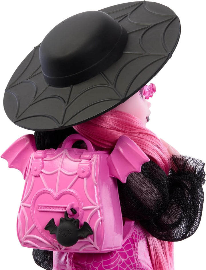 Păpușă Monster High Draculaura cu animalul ei de companie, pisica liliac Count Fabulous, și accesorii precum rucsac, carte de vrăji, cutie Bento și multe altele, HRP64 Papusi Naty Shop