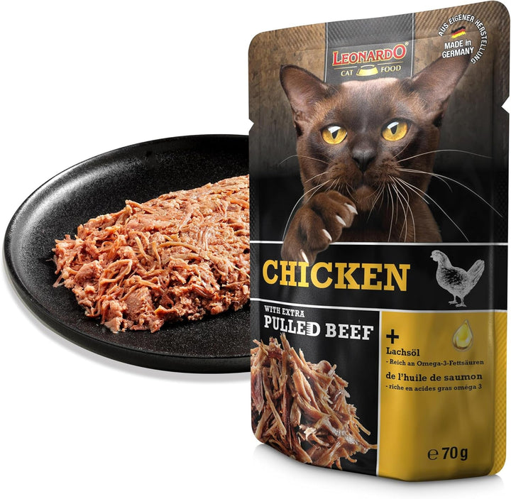 LEONARDO Fresh Pouch [16X70G Pui cu fâșii de carne] Pulled Beef | Hrană umedă fără cereale pentru pisici | Hrană completă pentru pisici
