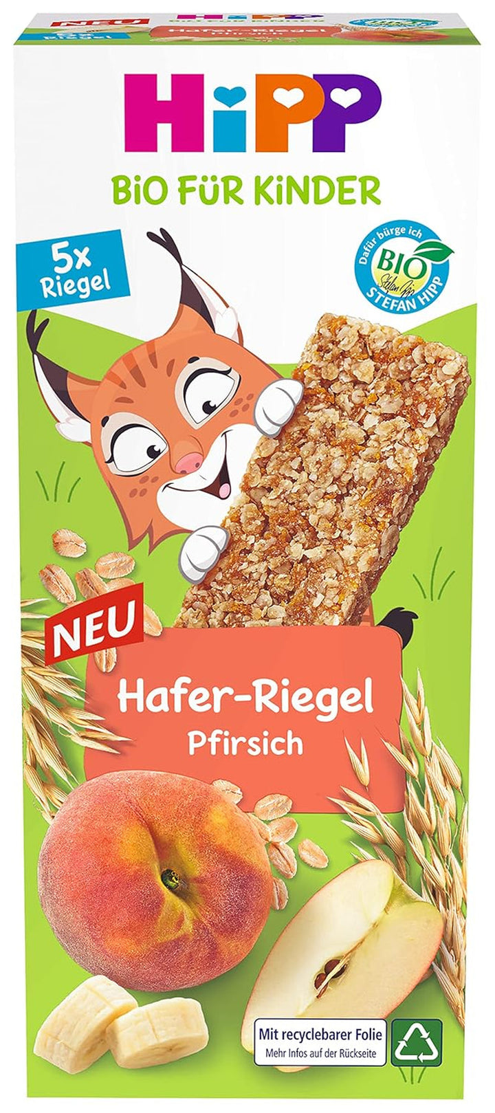 Hipp Organic pentru copii baton de ovăz, căpșuni și zmeură sau piersică Mama si Copilul Naty Shop 100 G (pachet de 8 bucăți) Piersică
