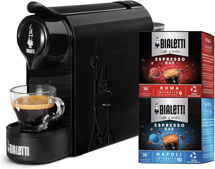 Bialetti Gioia, Espressor pentru capsule fabricat din aluminiu, include 64 de capsule, doar cu capsule, negru