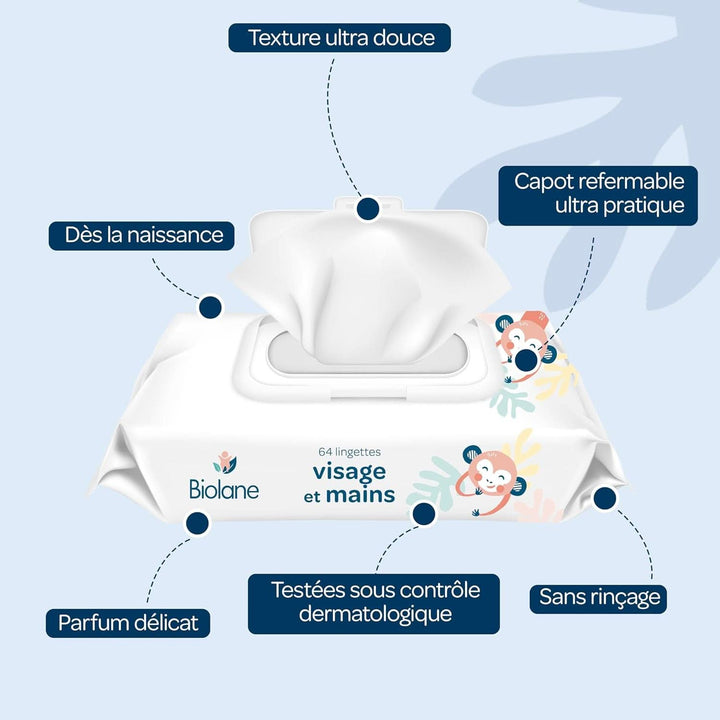 BIOLANE - Servetele pentru bebelusi pentru fata si maini - Hipoalergenice - Pentru pielea sensibila Servetele Umede Bebelusi Naty Shop