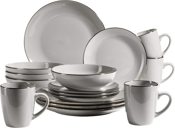MÄSER Metallic Rim, Modernes Geschirr Set Für 4 Personen Mit Messingfarbenem Rand, 16-Teiliges Kombiservice Mit Randlosen Coupe-Formen, Steinzeug, Grau Seturi vesela masa Naty Shop Grau 16-Teilige