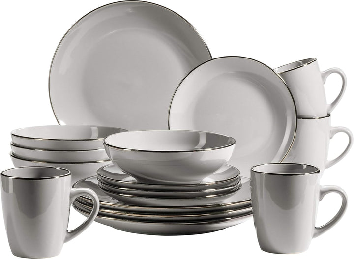 MÄSER Metallic Rim, Modernes Geschirr Set Für 4 Personen Mit Messingfarbenem Rand, 16-Teiliges Kombiservice Mit Randlosen Coupe-Formen, Steinzeug, Grau Seturi vesela masa Naty Shop Grau 16-Teilige