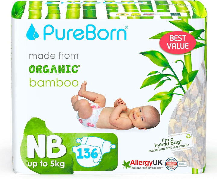 Scutece din bambus organic Pureborn Eco, dimensiune pentru nou-născuți (până la 5 kg), ecologice, hipoalergenice, ultra-moale, cu indicator de umiditate, diverse imprimeuri Mama si Copilul Naty Shop Nou-nascut (136 buc)
