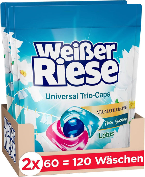 White Giant Universal Trio-Caps Aromatherapy Floral Sensation (120 spălări), Detergent de rufe cu lotus, Detergent pentru rufe grele cu parfum intens Detergenti Rufe Naty Shop 120 buc