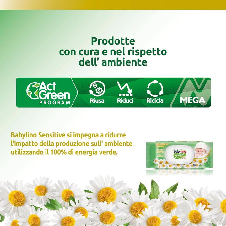Șervețele pentru copii sensibili Babylino Sensitive, 0% parfum, 98% formulă naturală care restabilește valoarea pH-ului pielii Servetele Umede Bebelusi Naty Shop