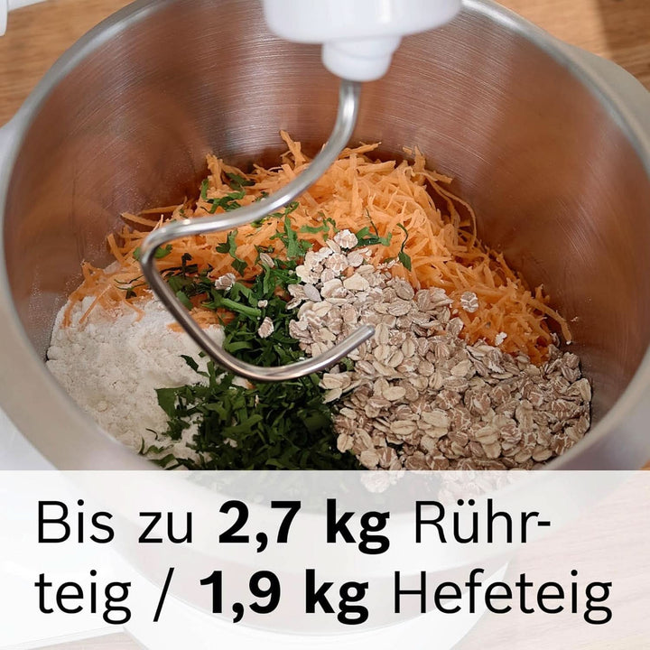 Küchenmaschine Serie 4 MUM58210, Edelstahl-Schüssel 3,9 L, Planetenrührwerk, Patisserie-Set Aus Edelstahl, Knethaken, Schlagbesen, Rührbesen, Durchlaufschnitzler, 3 Scheiben, 1000 W, Weiß/Silber Mama si Copilul Naty Shop