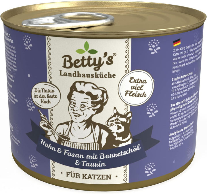 Betty'S Landhausküche cutie de hrană umedă pentru pisici, Fără cereale, Cea mai bună calitate, Carne de înaltă calitate, Gently cooked, Potrivit pentru toate rasele de pisici, Pui și fazan cu ulei de borangic 6 X 200 G