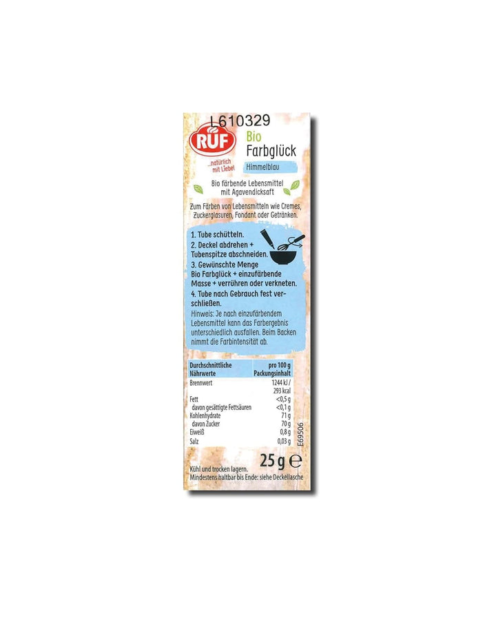 RUF Bio Lebensmittelfarbe Himmel-Blau, Mit Agavendicksaft Zum Einfärben Von Zucker-Glasuren & Für Ausgefallene Torten, Glutenfrei & Vegan, 1 X 25G Coloranti Alimentari Naty Shop