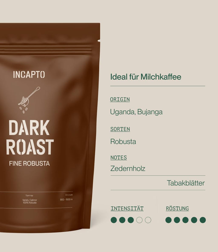 Boabe de cafea Incapto Dark Roast | Cu multă cofeină | Origine unică Uganda | Espresso 100% Robusta | Boabe de cafea foarte puternice și corpolente | Plantația Bujanga, Victoria Lake, 1kg Cafea Naty Shop