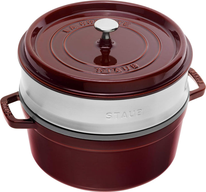 STAUB Gusseisen Bräter/Cocotte, Mit Dämpfeinsatz Aus Edelstahl, Rund 26 Cm, 5,2 L, Aromaregen Funktion Für Optimale Befeuchtung, Für Alle Herdarten Inkl. Induktion & Backofen, Kirschrot, Rot Matrite si tavi pentru copt Naty Shop Grenadine