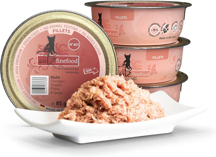 Catz Finefood Hrană umedă pentru pisici Fine Fillets nr. 403 Pui în jeleu - Hrană umedă fără cereale pentru pisica dvs. fără zahăr - Hrană umedă pentru pisici de la Feinste în jeleu, 85 G (pachet de 12)