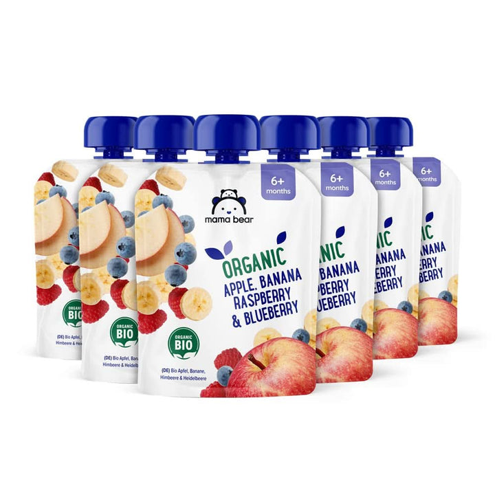 Mama Bear, piure organic diferite fructe, set 6 x 90 grame Mama si Copilul Naty Shop 6 x 90 grame Mere, banane, afine și zmeură